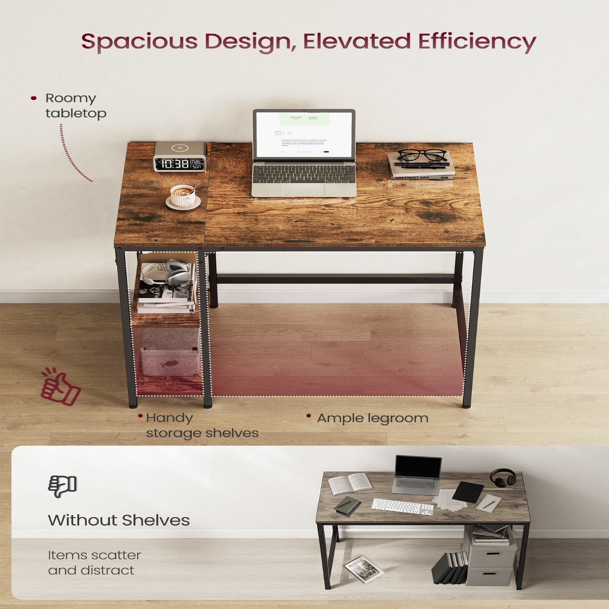 Lazava Modern Study Desk with Shelves - Brown and Black for Home Office or Bedroom