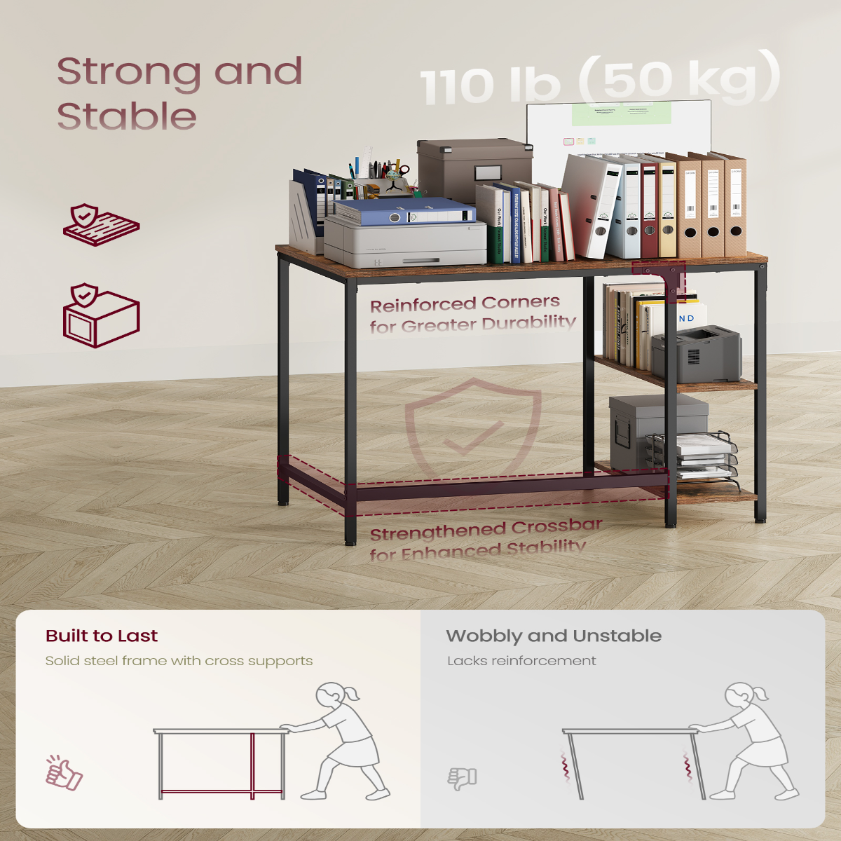 Lazava Modern Study Desk with Shelves - Brown and Black for Home Office or Bedroom