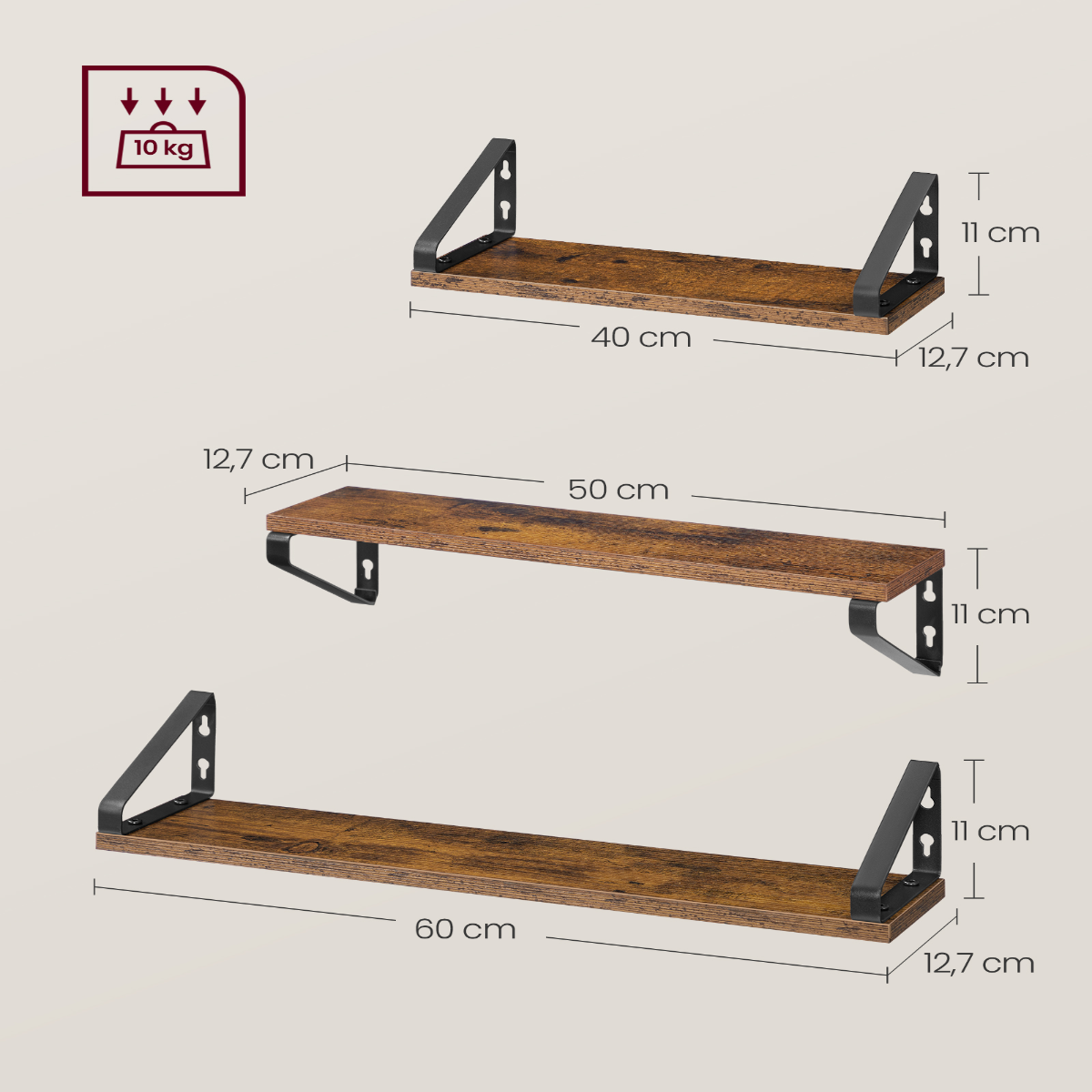 Lazava Floating Wall Shelves, Set of 3, Vintage Brown - 2 Mounting Options, Steel Brackets