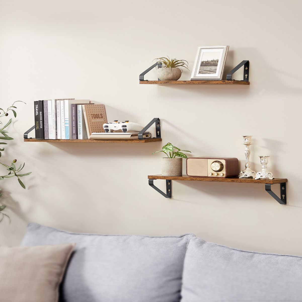Lazava Floating Wall Shelves, Set of 3, Vintage Brown - 2 Mounting Options, Steel Brackets
