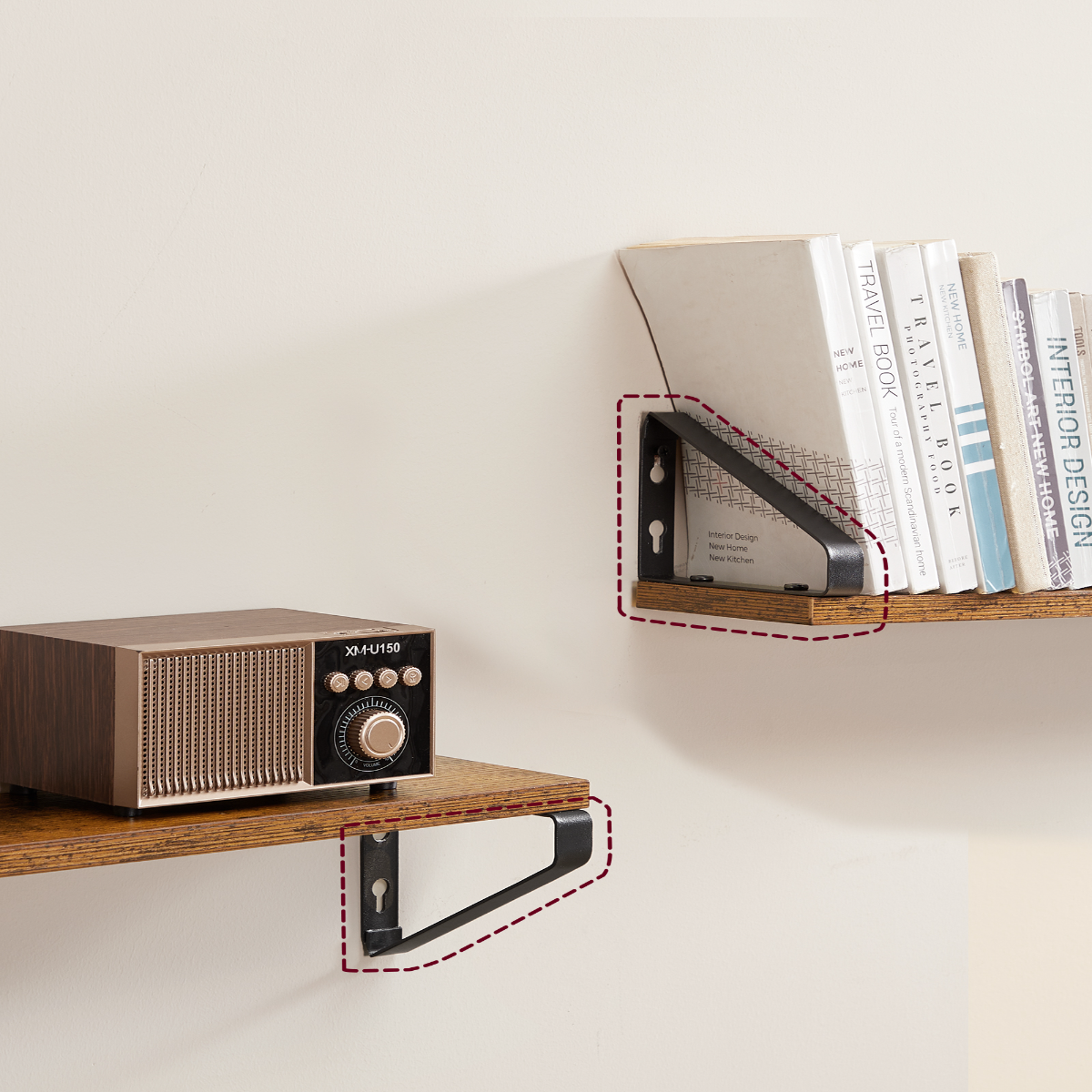 Lazava Floating Wall Shelves, Set of 3, Vintage Brown - 2 Mounting Options, Steel Brackets