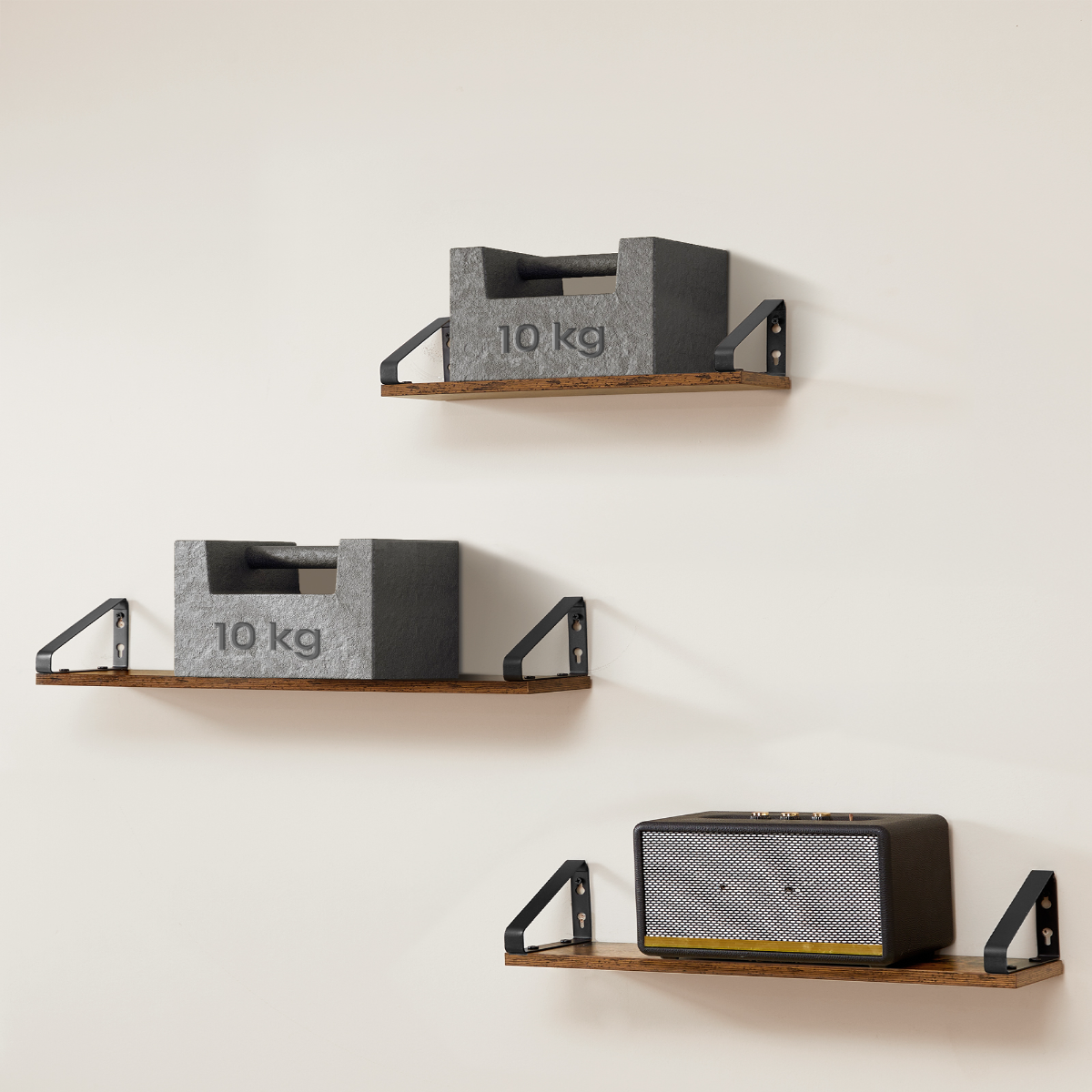 Lazava Floating Wall Shelves, Set of 3, Vintage Brown - 2 Mounting Options, Steel Brackets