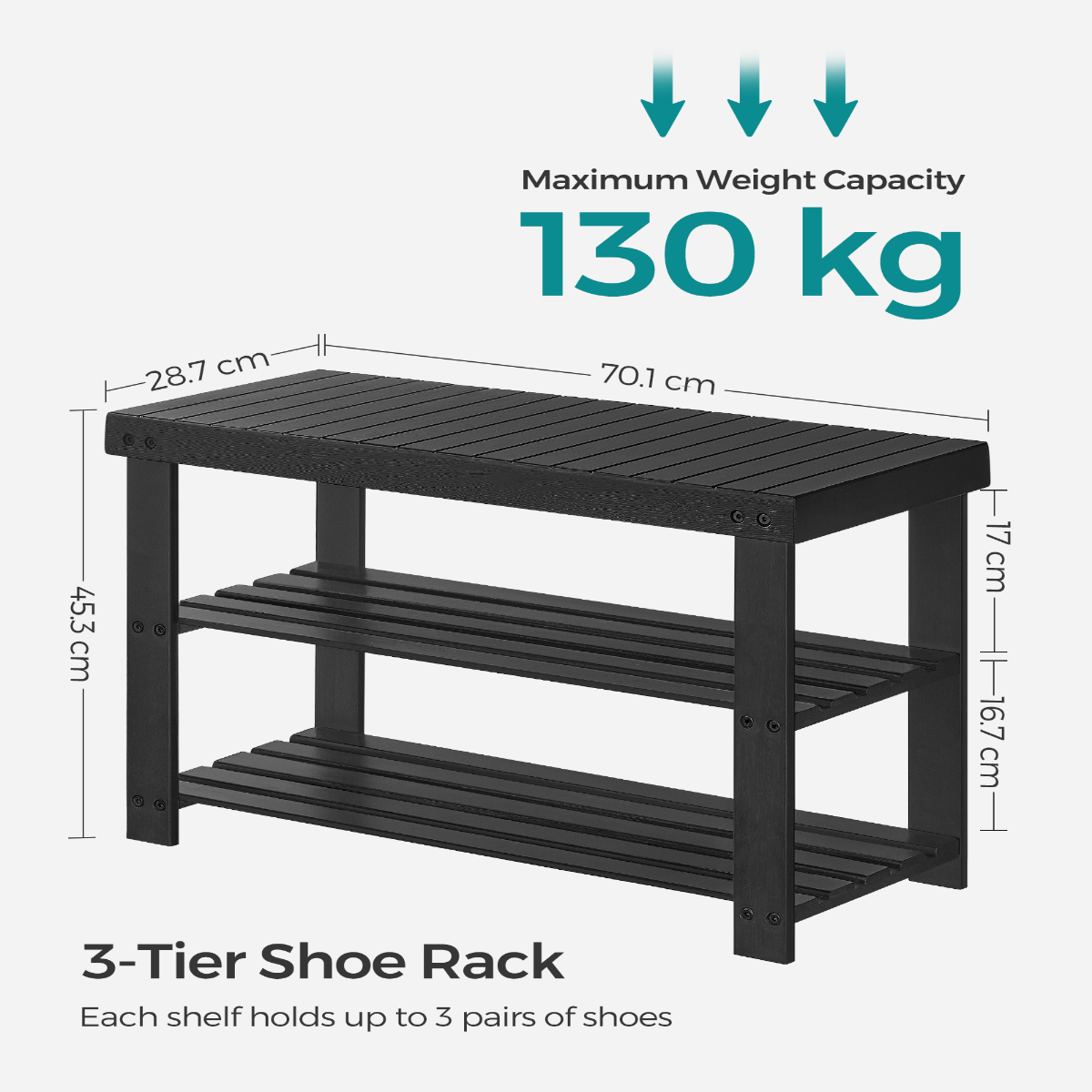 Lasa 3-Tier Bamboo Shoe Rack Bench, Black, 70.1 x 28.7 x 45.3cm - Entryway Seat & Storage Organiser, 130kg Load