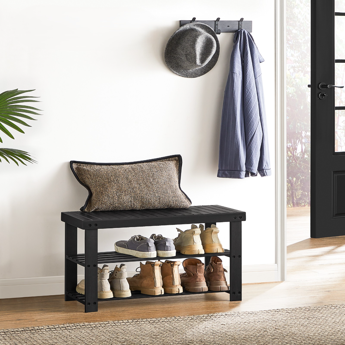 Lasa 3-Tier Bamboo Shoe Rack Bench, Black, 70.1 x 28.7 x 45.3cm - Entryway Seat & Storage Organiser, 130kg Load