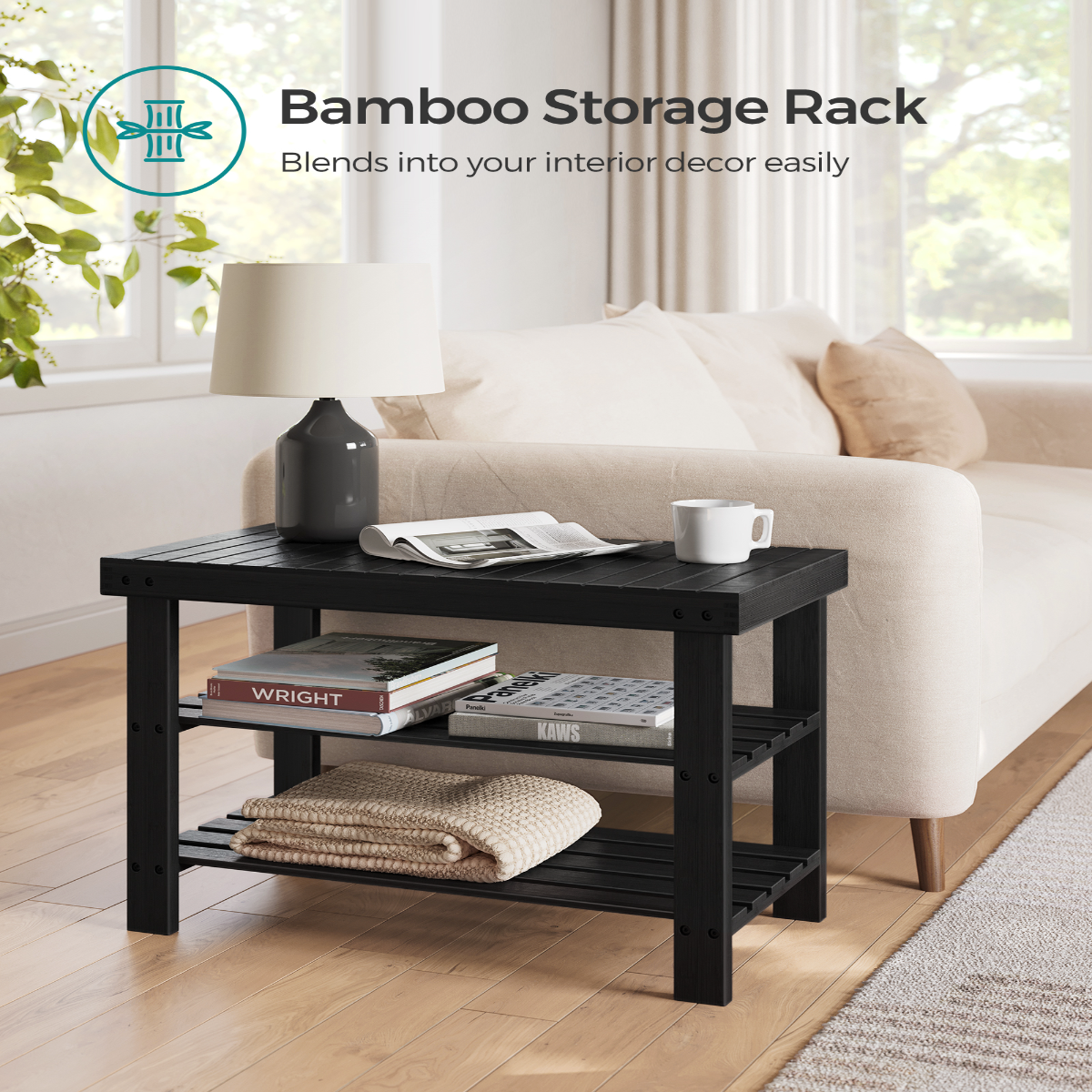 Lasa 3-Tier Bamboo Shoe Rack Bench, Black, 70.1 x 28.7 x 45.3cm - Entryway Seat & Storage Organiser, 130kg Load