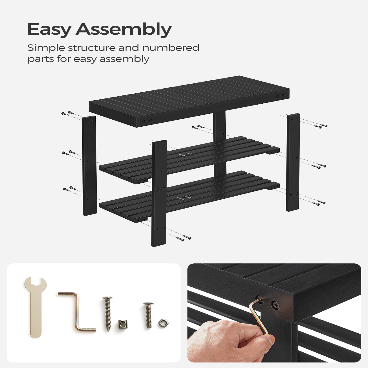 Lasa 3-Tier Bamboo Shoe Rack Bench, Black, 70.1 x 28.7 x 45.3cm - Entryway Seat & Storage Organiser, 130kg Load