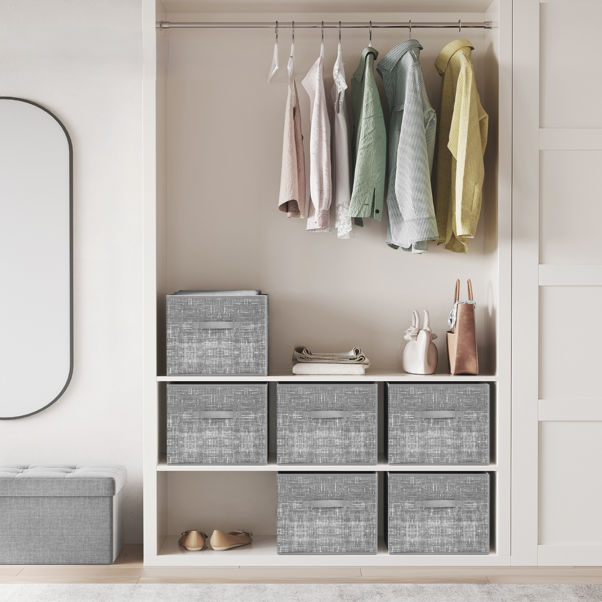Lasa Foldable Fabric Storage Cubes, Set of 6, Grey - Non-Woven Closet Organiser Bins
