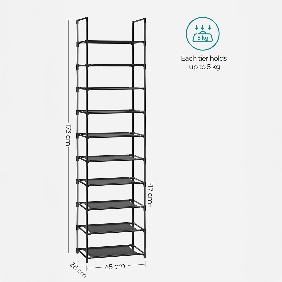 Lasa 10-Tier Tall Shoe Rack, Black - Holds 20 Pairs, Splits into Two 5-Tier Racks