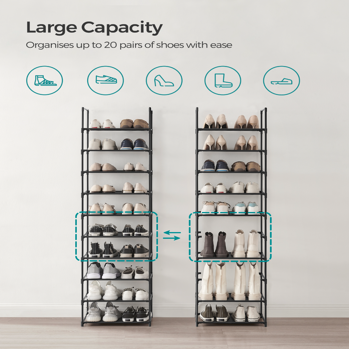 Lasa 10-Tier Tall Shoe Rack, Black - Holds 20 Pairs, Splits into Two 5-Tier Racks