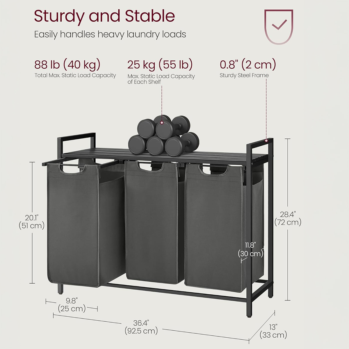Lazava 40L Laundry Sorter with 3 Removable Bags, Grey - Steel Frame Hamper