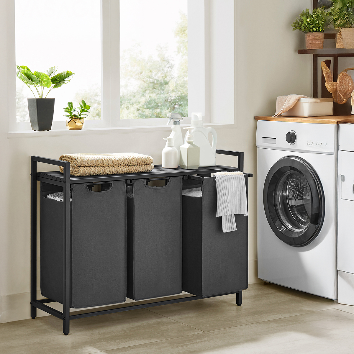 Lazava 40L Laundry Sorter with 3 Removable Bags, Grey - Steel Frame Hamper