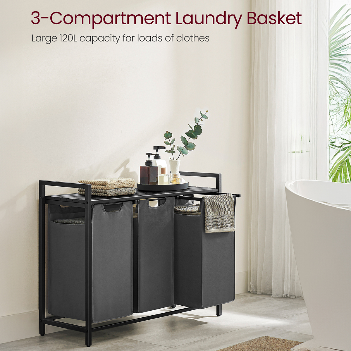 Lazava 40L Laundry Sorter with 3 Removable Bags, Grey - Steel Frame Hamper