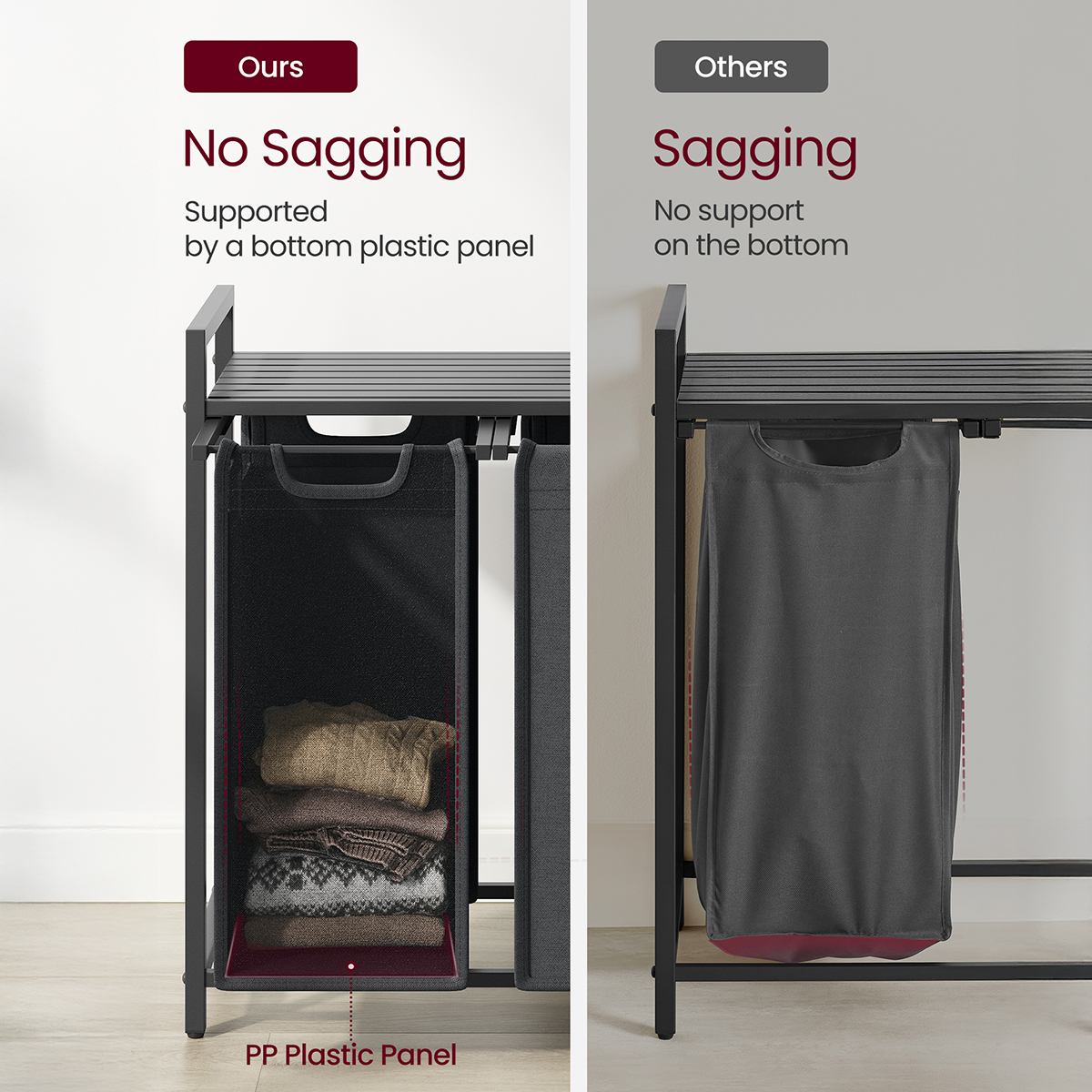 Lazava 40L Laundry Sorter with 3 Removable Bags, Grey - Steel Frame Hamper
