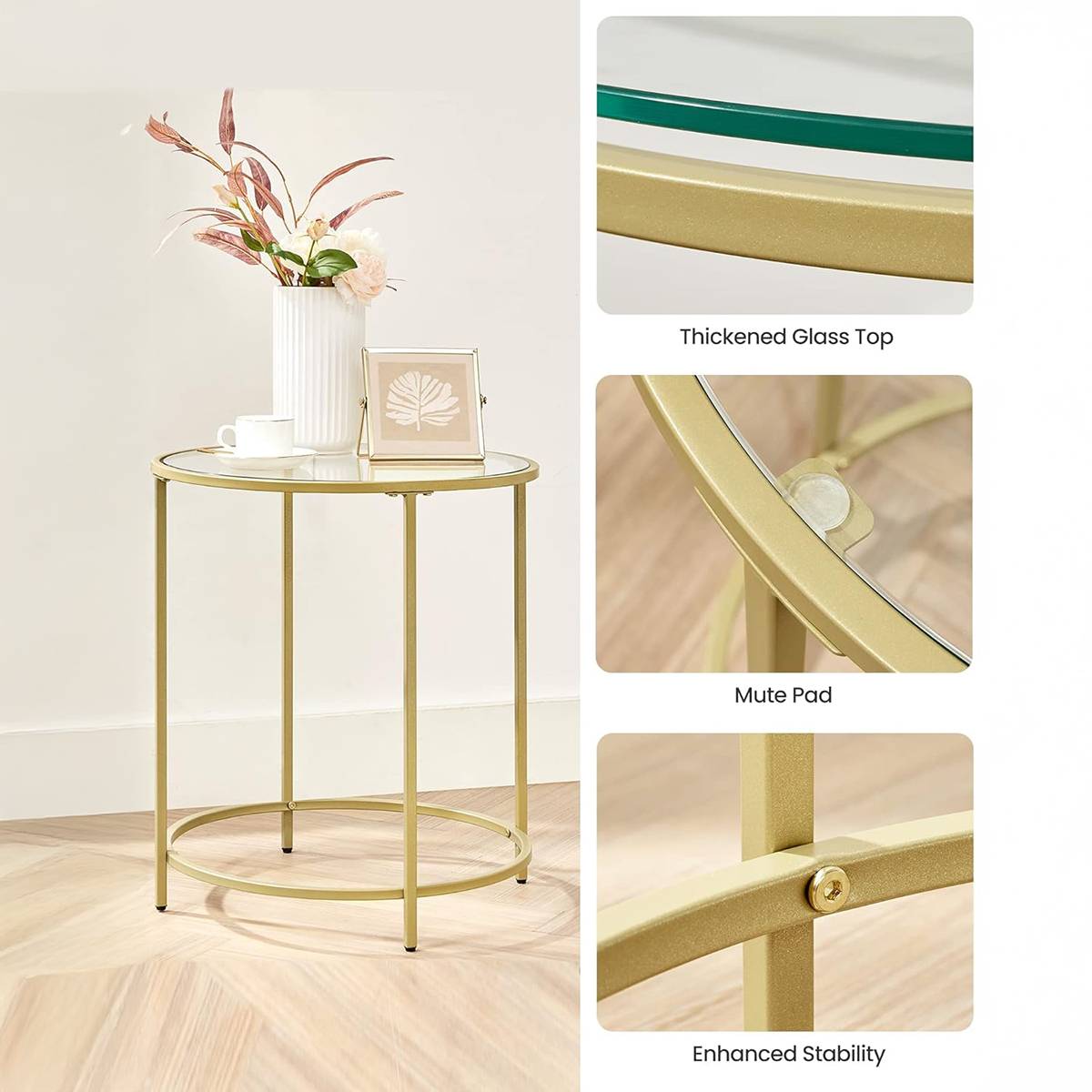 Lazava Round Glass-Top Side Table, Gold Frame - 5mm Tempered Glass Coffee Table