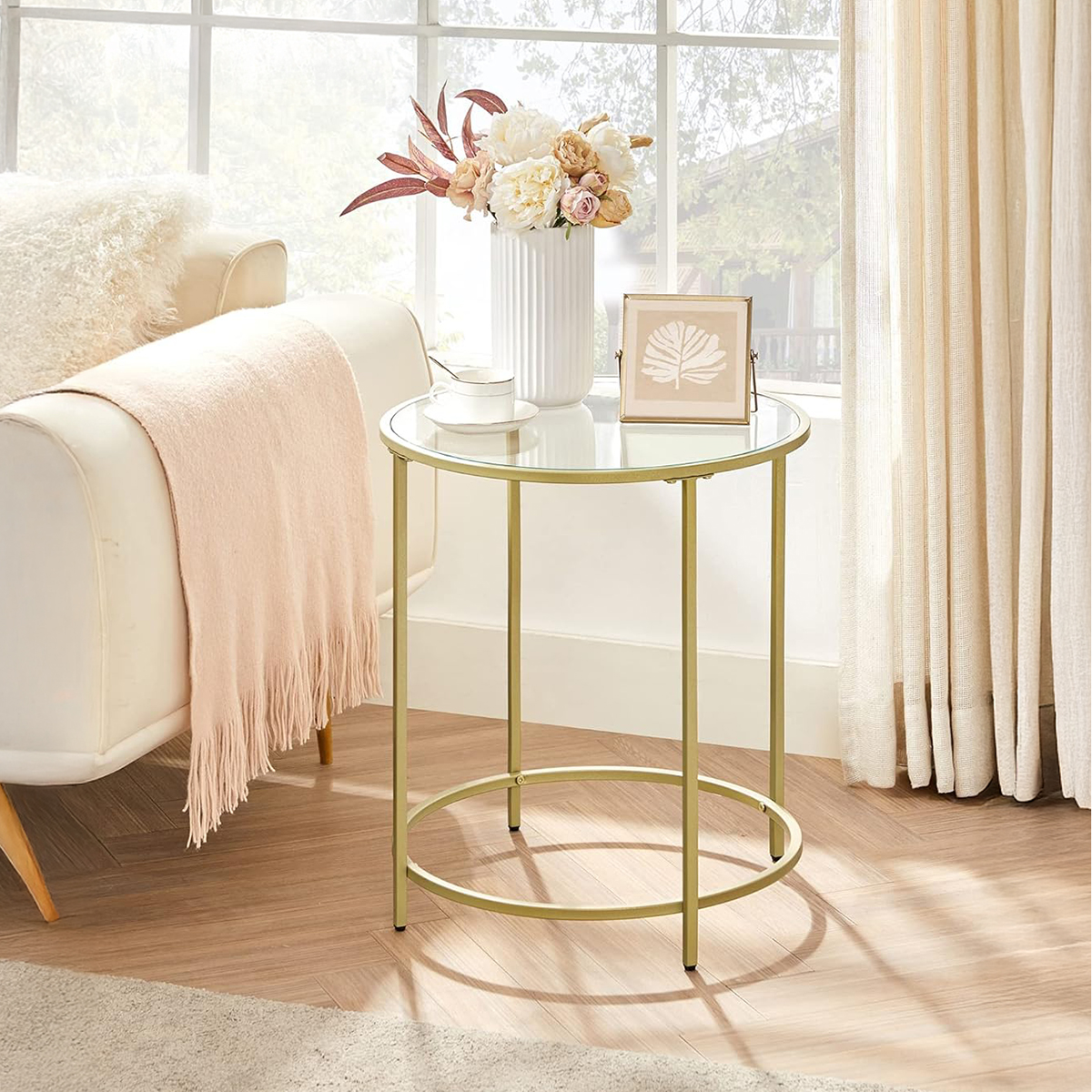 Lazava Round Glass-Top Side Table, Gold Frame - 5mm Tempered Glass Coffee Table
