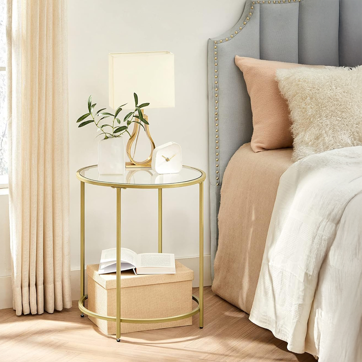 Lazava Round Glass-Top Side Table, Gold Frame - 5mm Tempered Glass Coffee Table