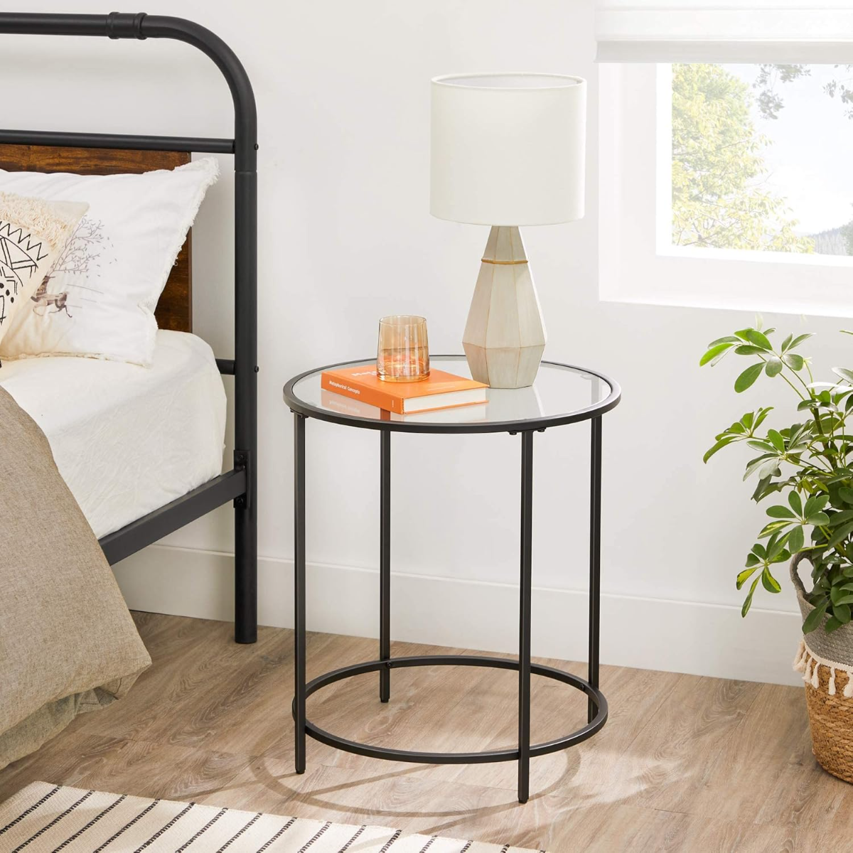 Lazava Round Glass-Top Side Table, Black Frame - 5mm Tempered Glass Coffee Table