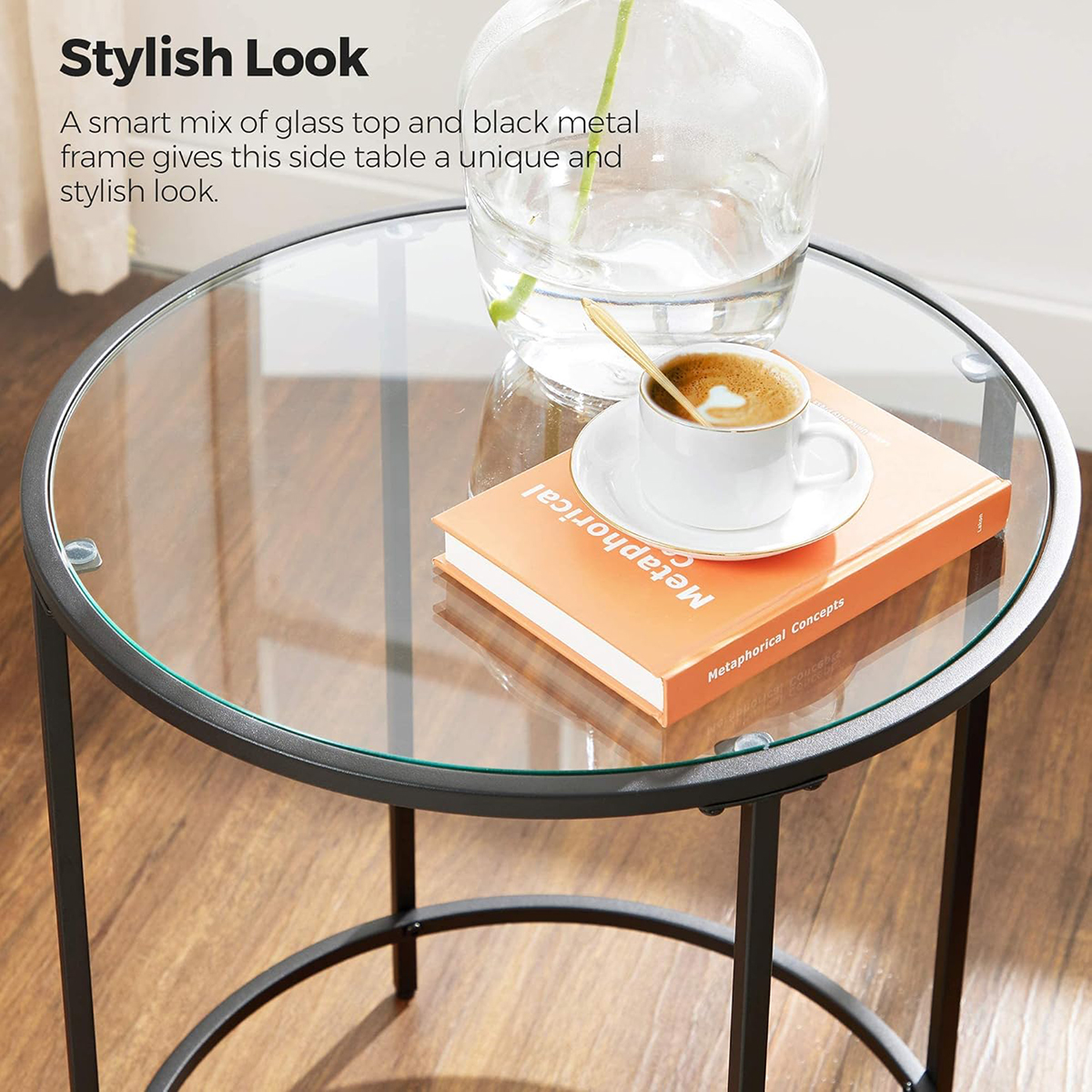 Lazava Round Glass-Top Side Table, Black Frame - 5mm Tempered Glass Coffee Table