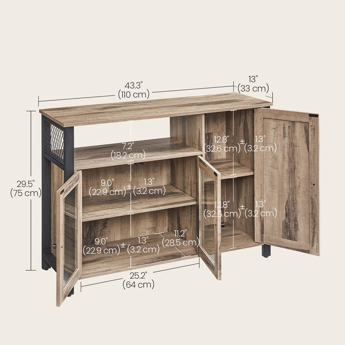 Lazava Sideboard Kitchen Storage Cabinet, Oak - 3 Doors, Black Accents