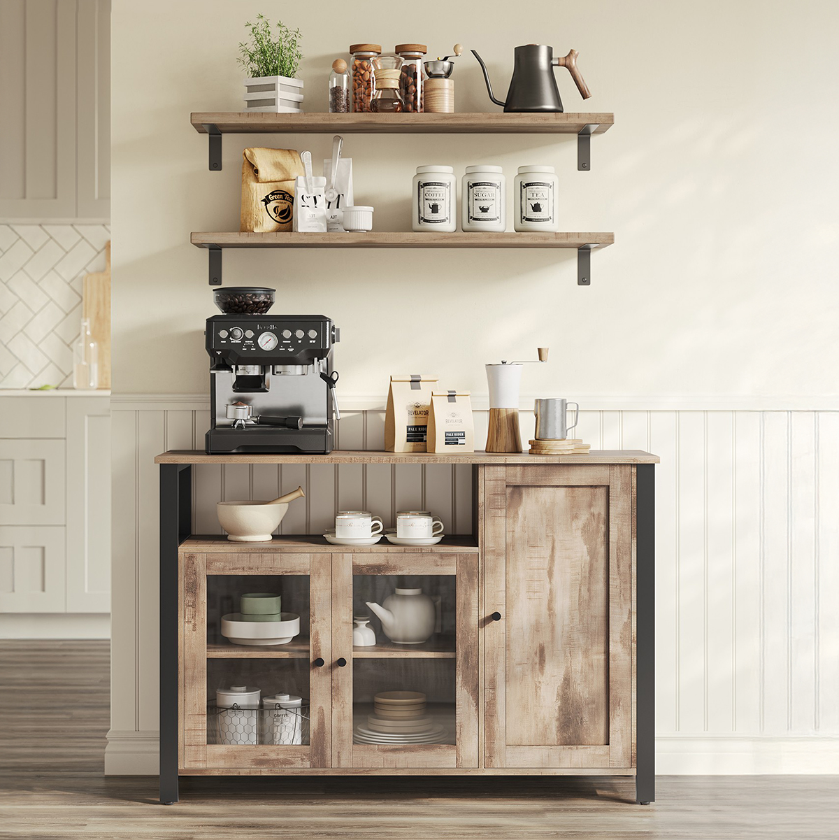 Lazava Sideboard Kitchen Storage Cabinet, Oak - 3 Doors, Black Accents