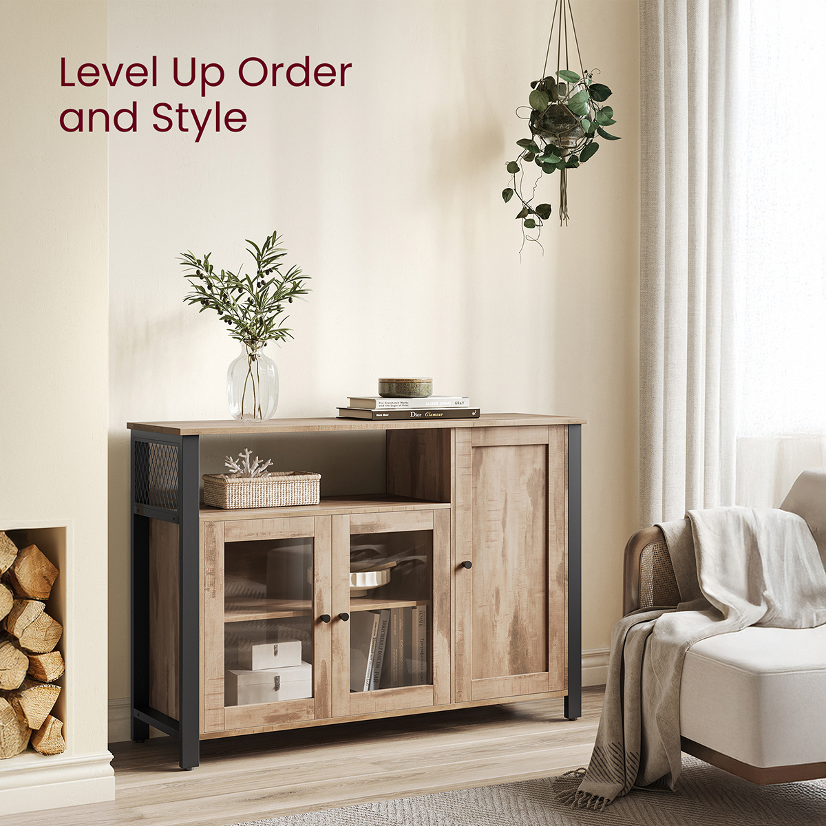 Lazava Sideboard Kitchen Storage Cabinet, Oak - 3 Doors, Black Accents