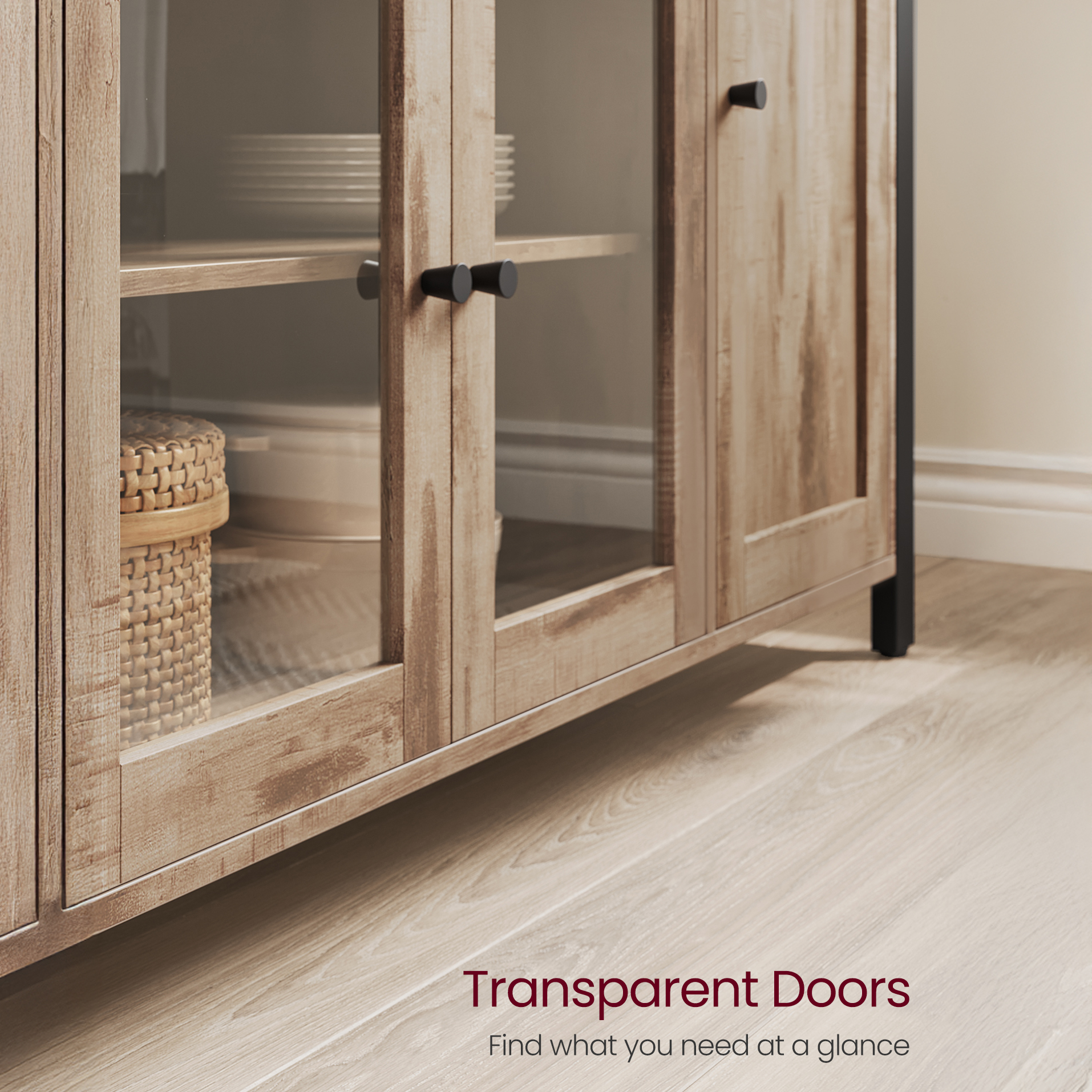 Lazava Sideboard Kitchen Storage Cabinet, Oak - 3 Doors, Black Accents