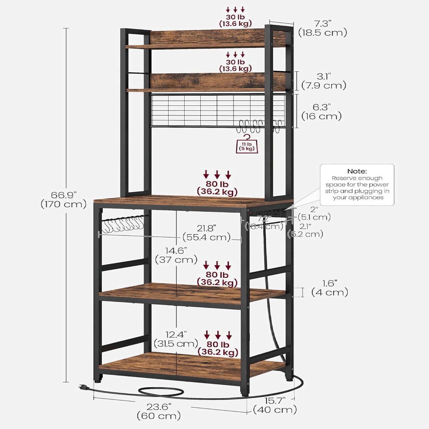 Lazava Kitchen Baker's Rack, Rustic Brown - Coffee Bar & Microwave Stand (Comes with Asian-Plug Power Strip)