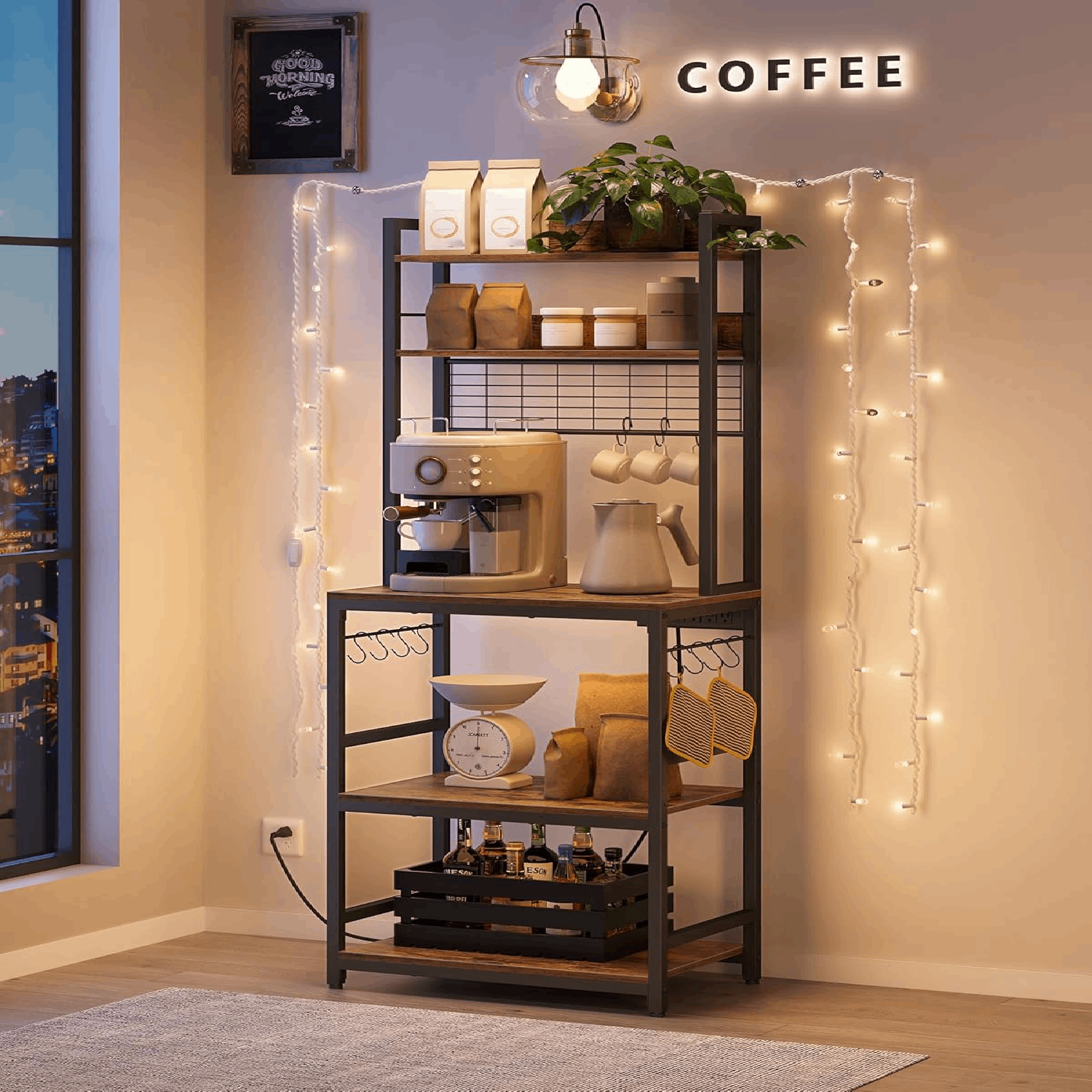 Lazava Kitchen Baker's Rack, Rustic Brown - Coffee Bar & Microwave Stand (Comes with Asian-Plug Power Strip)