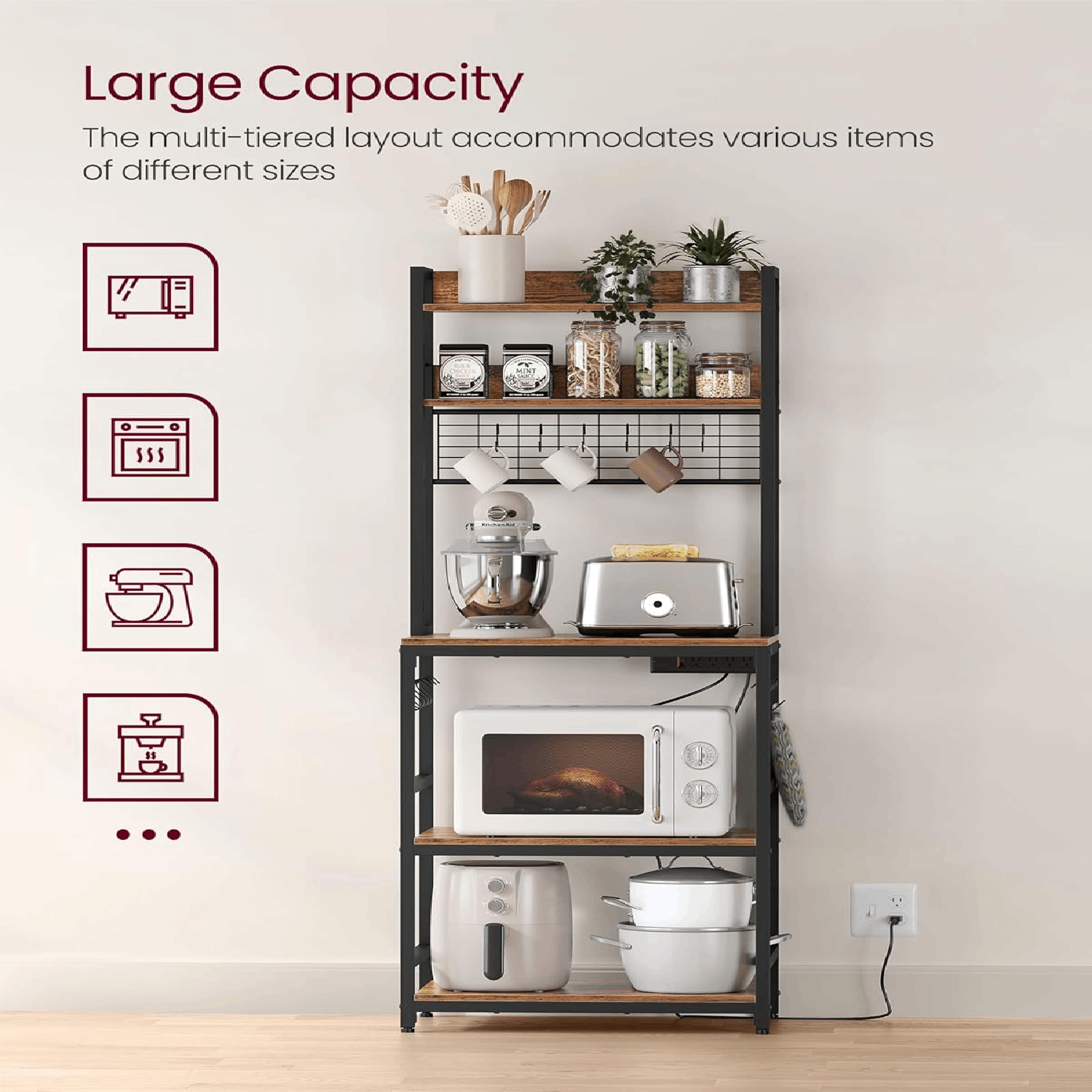Lazava Kitchen Baker's Rack, Rustic Brown - Coffee Bar & Microwave Stand (Comes with Asian-Plug Power Strip)