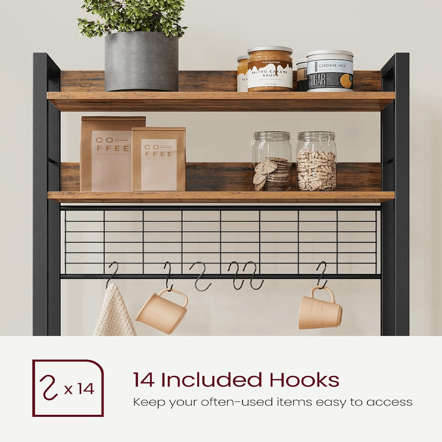 Lazava Kitchen Baker's Rack, Rustic Brown - Coffee Bar & Microwave Stand (Comes with Asian-Plug Power Strip)