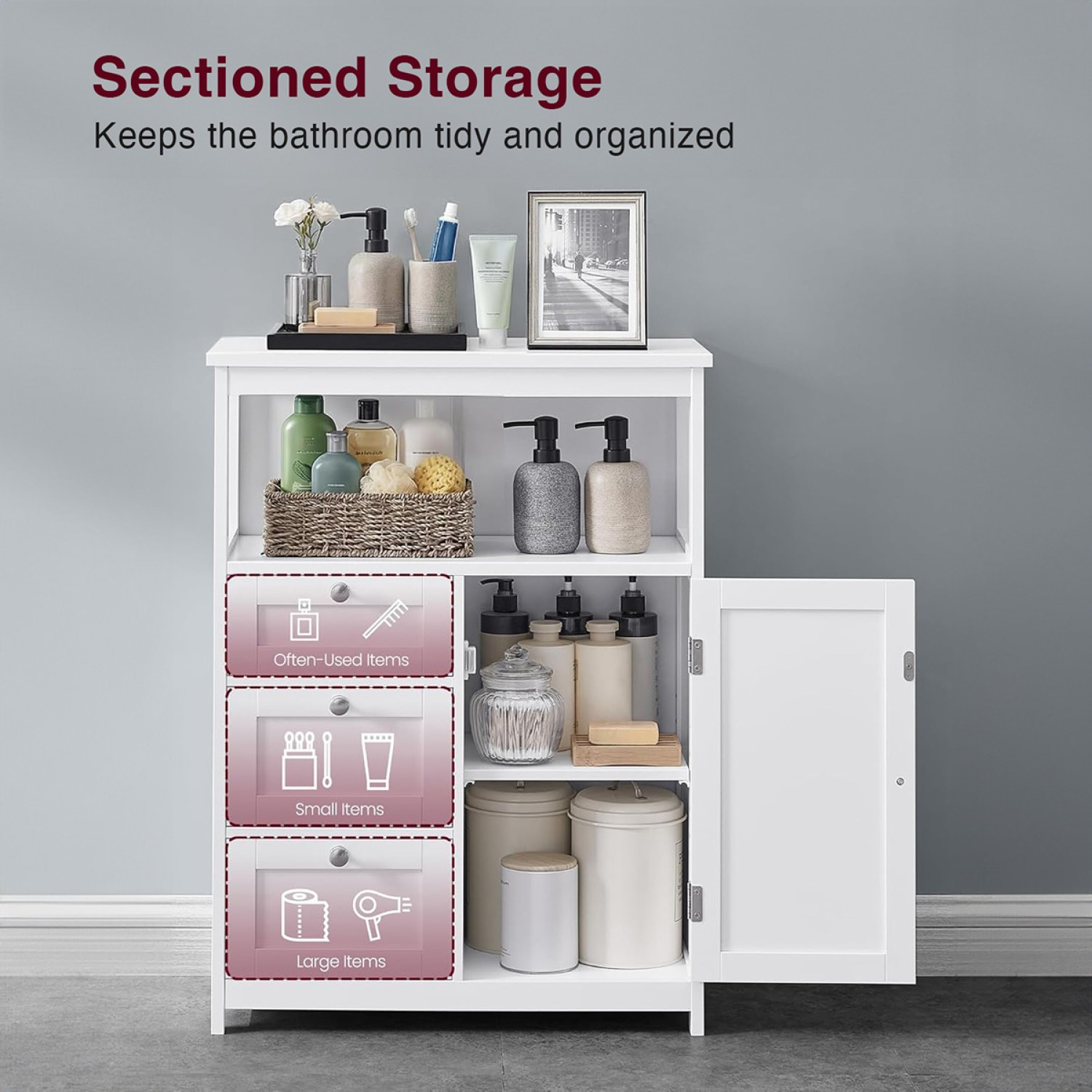 Lazava Bathroom Storage Cabinet, White - 3 Drawers, Adjustable Shelf for Toiletries