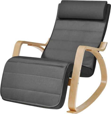Bentwood Rocking Chair with Footrest & Headrest Pillow, Dark Grey Padded Seat - 55 x 121.5 x 84cm